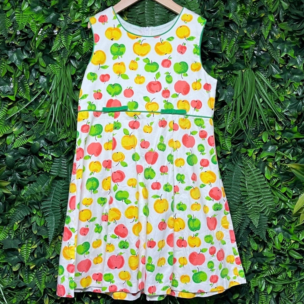 Vintage Dress Girls 10 Apple Print Sleeveless 80s White Green Yellow Red ‎ 3172